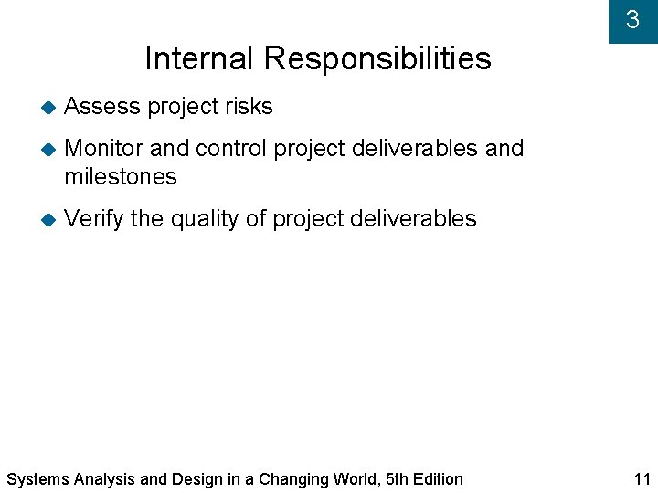 3 Internal Responsibilities Assess project risks Monitor and control project deliverables and milestones Verify