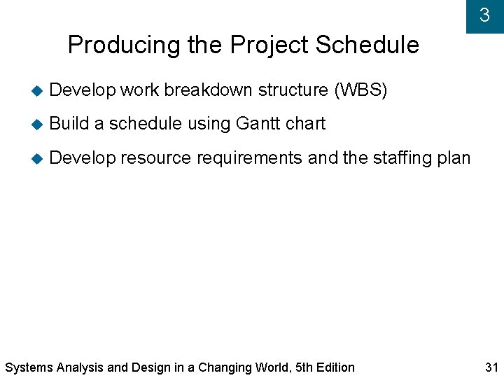 3 Producing the Project Schedule Develop work breakdown structure (WBS) Build a schedule using