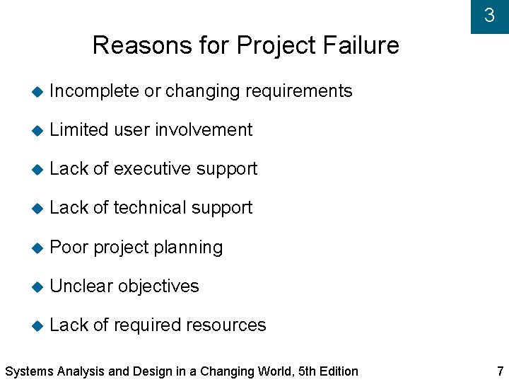 3 Reasons for Project Failure Incomplete or changing requirements Limited user involvement Lack of