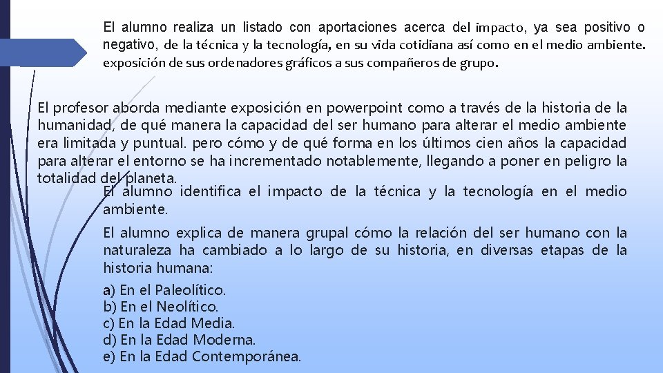 El alumno realiza un listado con aportaciones acerca del impacto, ya sea positivo o