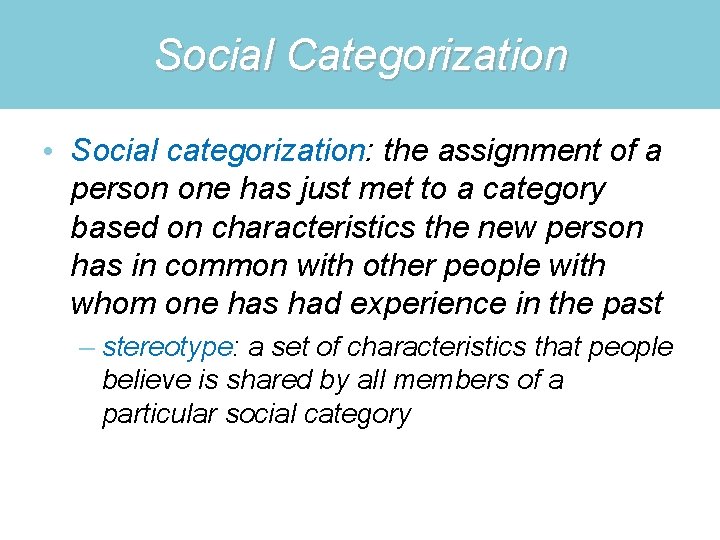 Social Categorization • Social categorization: the assignment of a person one has just met