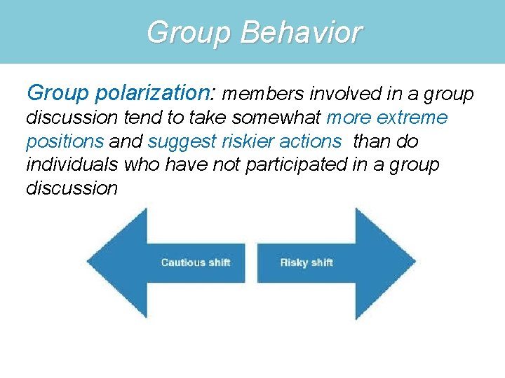 Group Behavior Group polarization: members involved in a group discussion tend to take somewhat