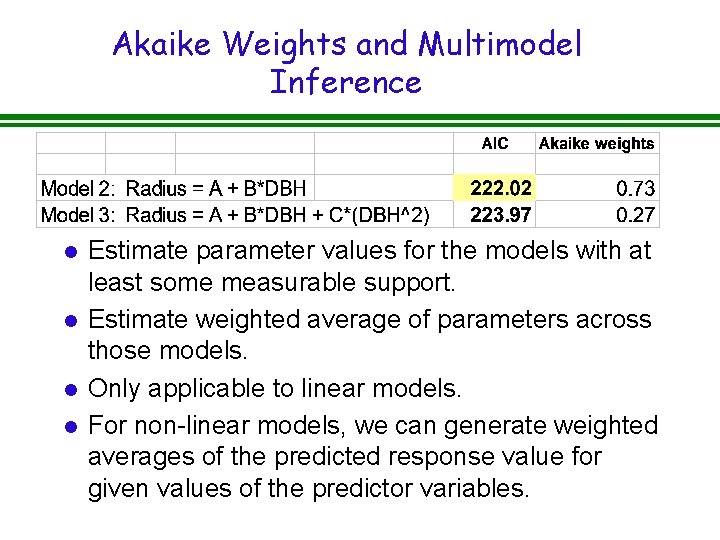 Akaike Weights and Multimodel Inference l l Estimate parameter values for the models with
