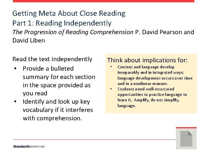 Getting Meta About Close Reading Part 1: Reading Independently The Progression of Reading Comprehension
