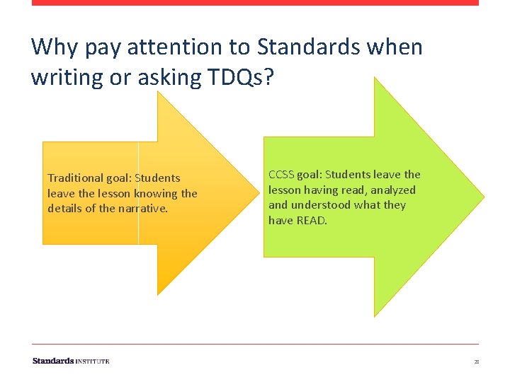 Why pay attention to Standards when writing or asking TDQs? Traditional goal: Students leave