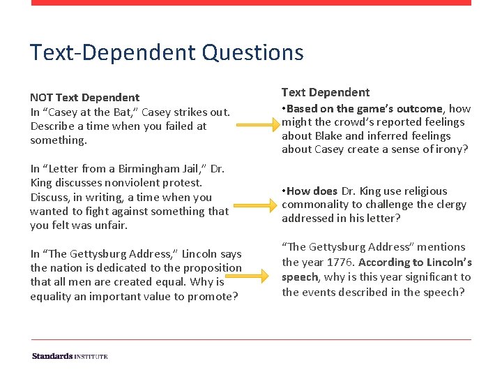 Text-Dependent Questions NOT Text Dependent In “Casey at the Bat, ” Casey strikes out.