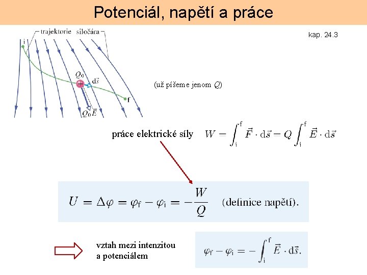Potenciál, napětí a práce kap. 24. 3 (už píšeme jenom Q) práce elektrické síly