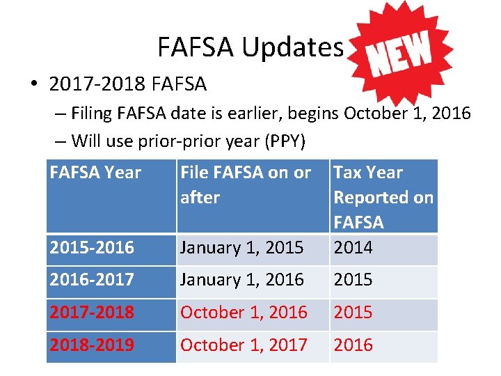 FAFSA Updates • 2017 -2018 FAFSA – Filing FAFSA date is earlier, begins October