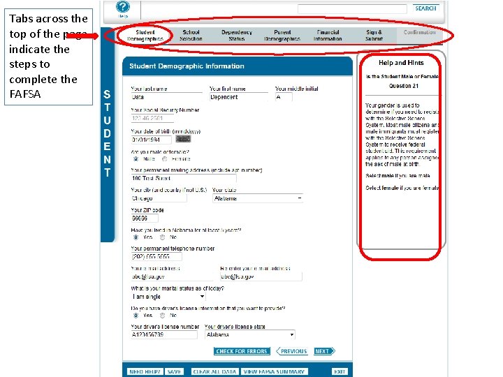 Tabs across the top of the page indicate the steps to complete the FAFSA