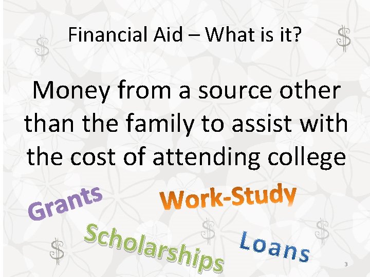 Financial Aid – What is it? Money from a source other than the family