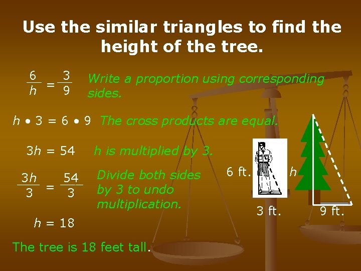 Use the similar triangles to find the height of the tree. 6 3 __