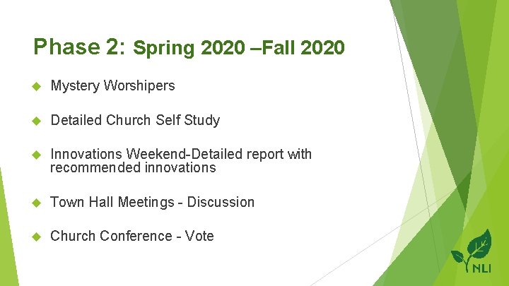 Phase 2: Spring 2020 –Fall 2020 Mystery Worshipers Detailed Church Self Study Innovations Weekend-Detailed