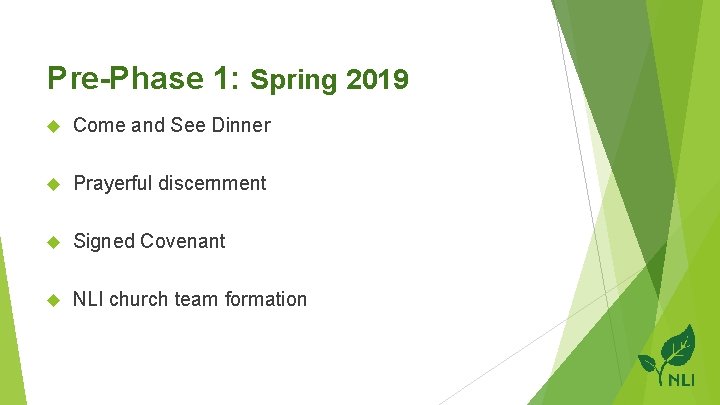 Pre-Phase 1: Spring 2019 Come and See Dinner Prayerful discernment Signed Covenant NLI church