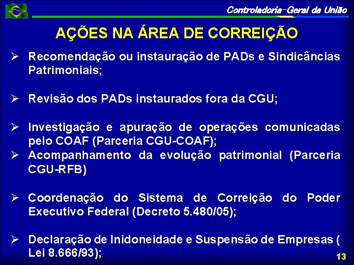 Controladoria-Geral da União AÇÕES NA ÁREA DE CORREIÇÃO Recomendação ou instauração de PADs e