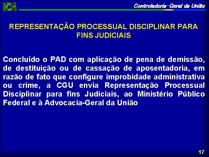 Controladoria-Geral da União REPRESENTAÇÃO PROCESSUAL DISCIPLINAR PARA FINS JUDICIAIS Concluído o PAD com aplicação