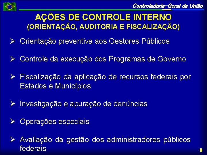 Controladoria-Geral da União AÇÕES DE CONTROLE INTERNO (ORIENTAÇÃO, AUDITORIA E FISCALIZAÇÃO) Orientação preventiva aos