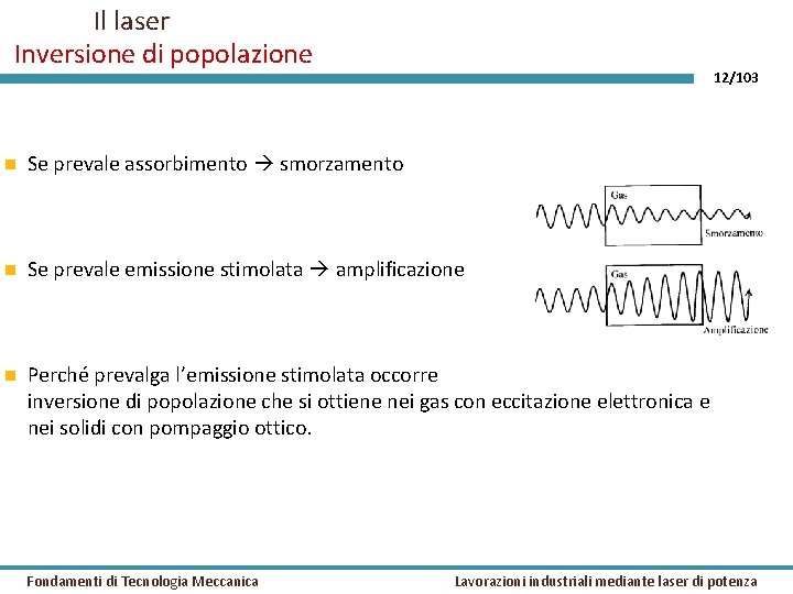 Il laser Inversione di popolazione 12/103 Se prevale assorbimento smorzamento Se prevale emissione stimolata