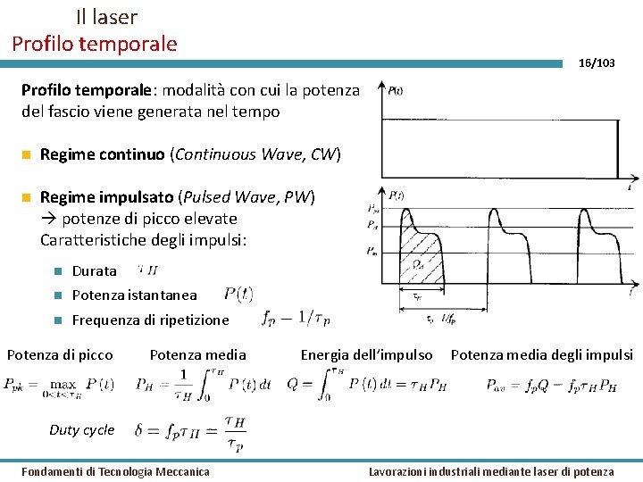 Il laser Profilo temporale 16/103 Profilo temporale: modalità con cui la potenza del fascio