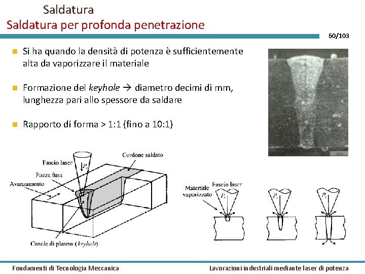 Saldatura per profonda penetrazione 60/103 Si ha quando la densità di potenza è sufficientemente