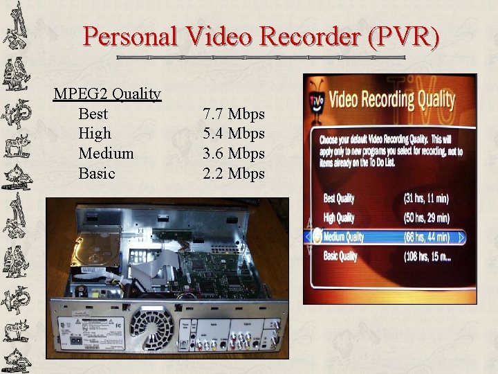 Personal Video Recorder (PVR) MPEG 2 Quality Best High Medium Basic 7. 7 Mbps