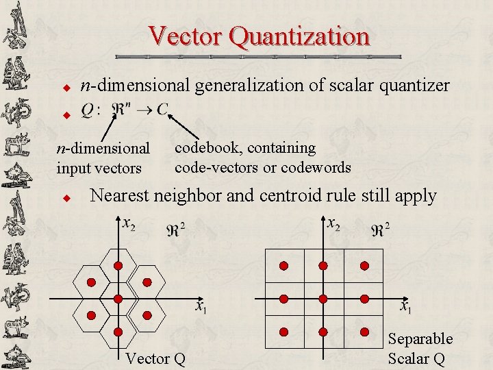 Vector Quantization u n-dimensional generalization of scalar quantizer u n-dimensional input vectors u codebook,