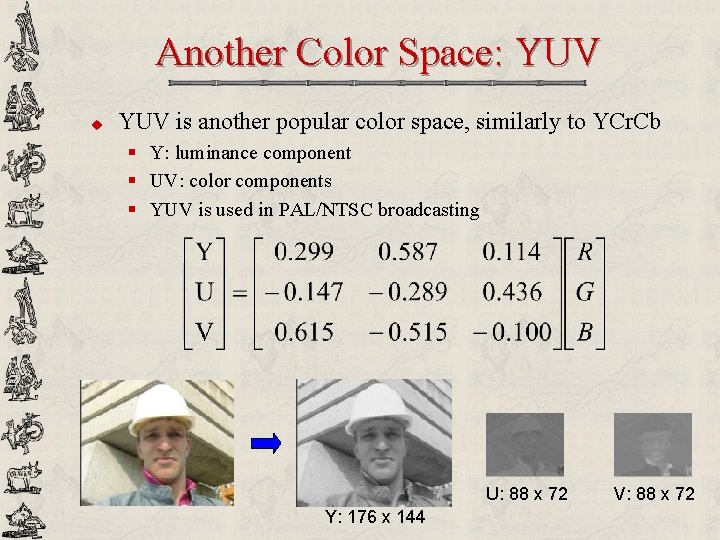 Another Color Space: YUV u YUV is another popular color space, similarly to YCr.