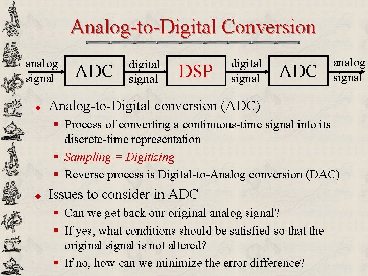 Analog-to-Digital Conversion analog signal u ADC digital signal DSP digital signal ADC analog signal