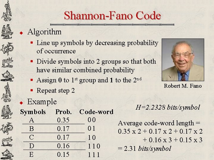 Shannon-Fano Code u Algorithm § Line up symbols by decreasing probability of occurrence §
