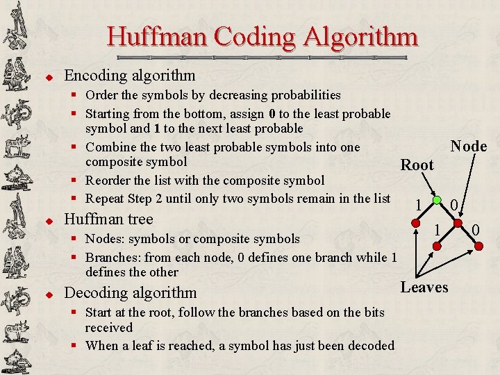 Huffman Coding Algorithm u Encoding algorithm § Order the symbols by decreasing probabilities §