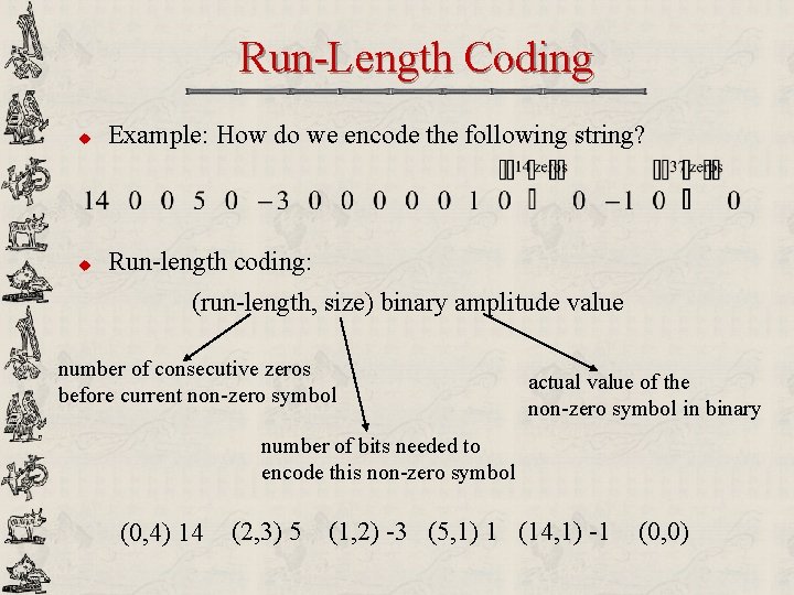 Run-Length Coding u Example: How do we encode the following string? u Run-length coding:
