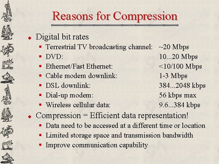 Reasons for Compression u Digital bit rates § § § § u Terrestrial TV