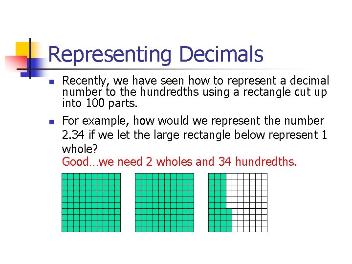 Representing Decimals n n Recently, we have seen how to represent a decimal number