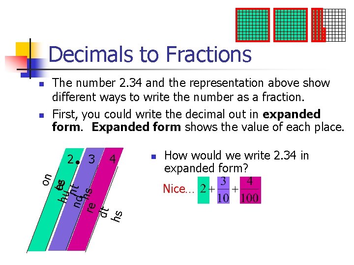 Decimals to Fractions n n The number 2. 34 and the representation above show