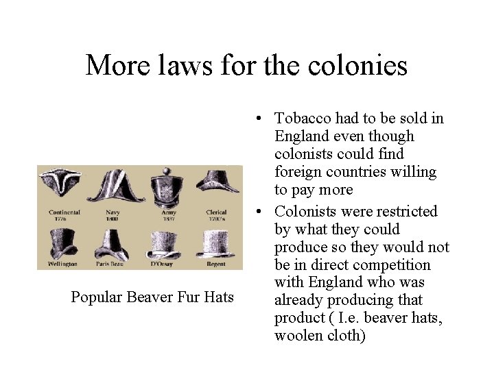 More laws for the colonies Popular Beaver Fur Hats • Tobacco had to be