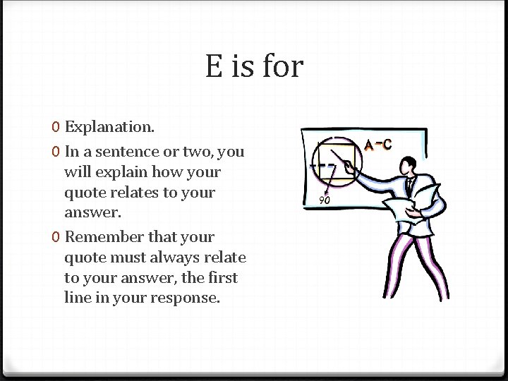 E is for 0 Explanation. 0 In a sentence or two, you will explain