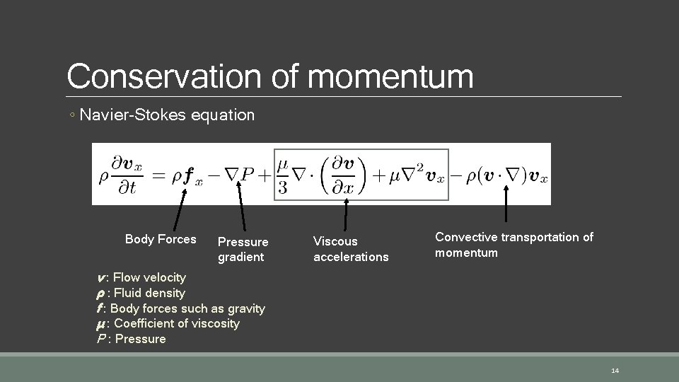 Conservation of momentum ◦ Navier-Stokes equation Body Forces Pressure gradient Viscous accelerations Convective transportation
