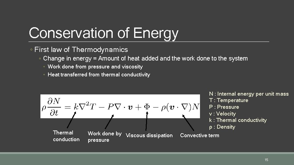 Conservation of Energy ◦ First law of Thermodynamics ◦ Change in energy = Amount