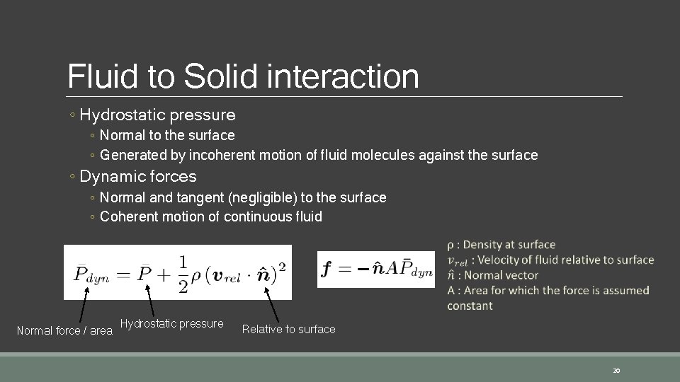 Fluid to Solid interaction ◦ Hydrostatic pressure ◦ Normal to the surface ◦ Generated