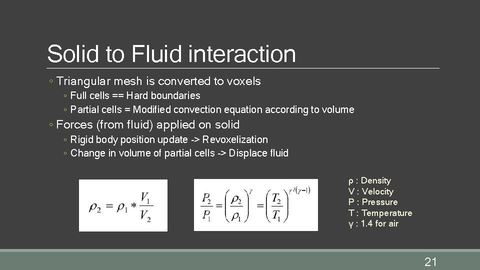 Solid to Fluid interaction ◦ Triangular mesh is converted to voxels ◦ Full cells