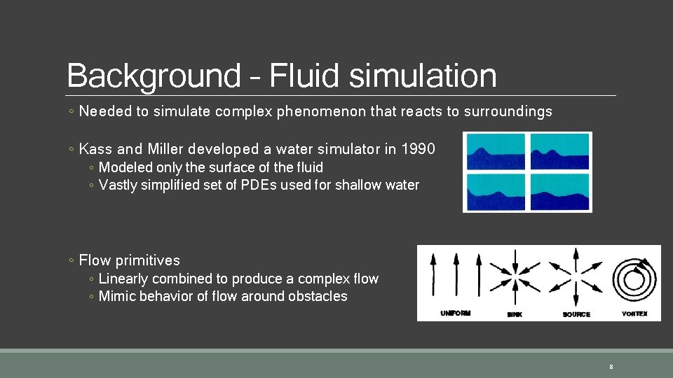 Background – Fluid simulation ◦ Needed to simulate complex phenomenon that reacts to surroundings