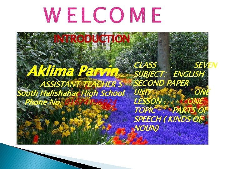 INTRODUCTION Aklima Parvin ASSISTANT TEACHER S South Halishahar High School Phone No. 01674196924 CLASS