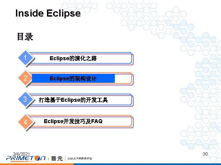 Inside Eclipse 目录 1 Eclipse的演化之路 2 Eclipse的架构设计 3 打造基于Eclipse的开发 具 4 Eclipse开发技巧及FAQ 3/6/2021 30