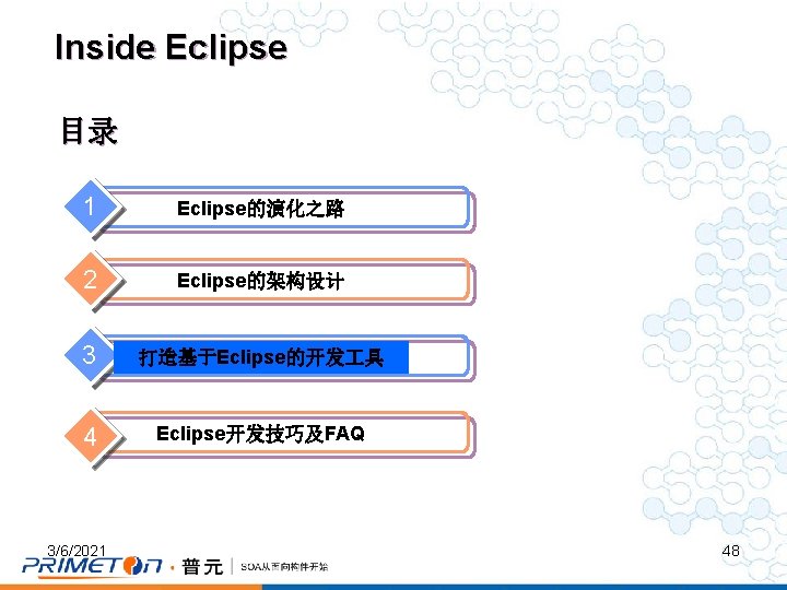 Inside Eclipse 目录 1 Eclipse的演化之路 2 Eclipse的架构设计 3 打造基于Eclipse的开发 具 4 Eclipse开发技巧及FAQ 3/6/2021 48