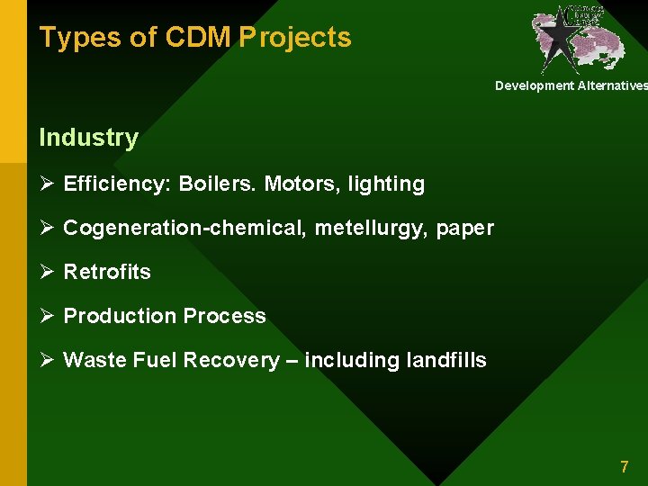 Types of CDM Projects Development Alternatives Industry Ø Efficiency: Boilers. Motors, lighting Ø Cogeneration-chemical,