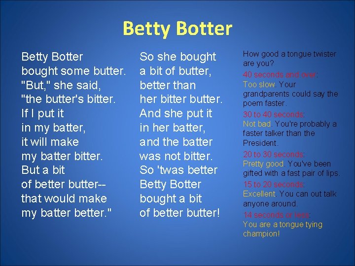 Betty Botter bought some butter. "But, " she said, "the butter's bitter. If I