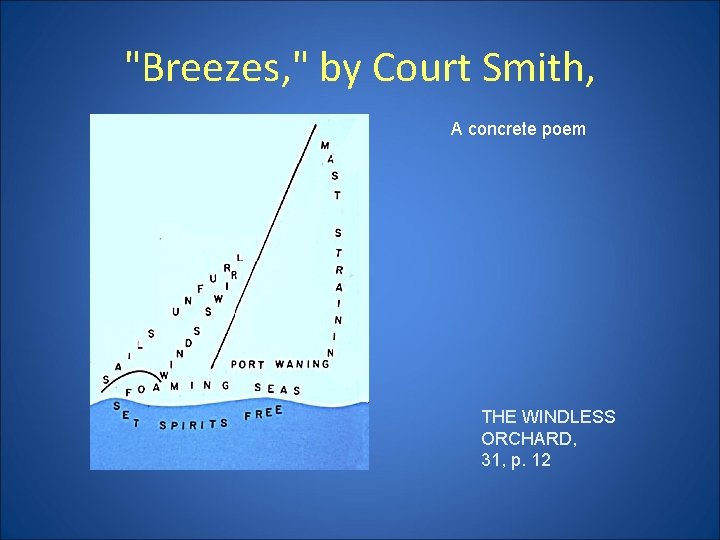 "Breezes, " by Court Smith, A concrete poem THE WINDLESS ORCHARD, 31, p. 12