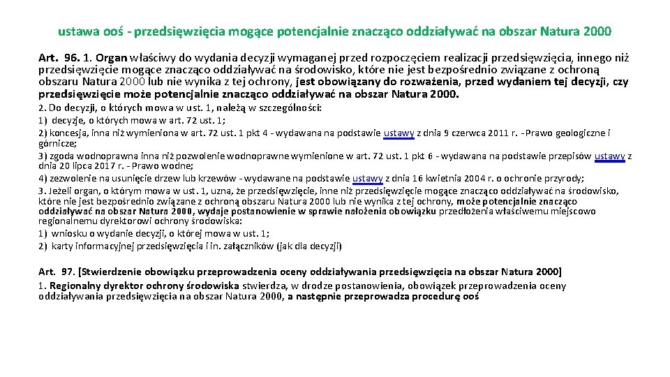 ustawa ooś - przedsięwzięcia mogące potencjalnie znacząco oddziaływać na obszar Natura 2000 Art. 96.