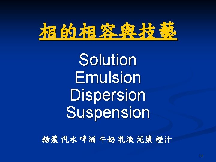 相的相容與技藝 Solution Emulsion Dispersion Suspension 糖漿 汽水 啤酒 牛奶 乳液 泥漿 橙汁 14 