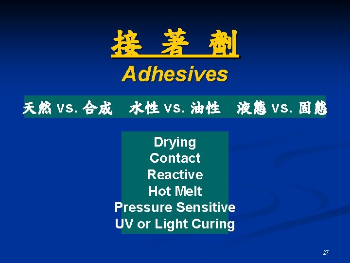 接 著 劑 Adhesives 天然 vs. 合成 水性 vs. 油性 液態 vs. 固態 Drying