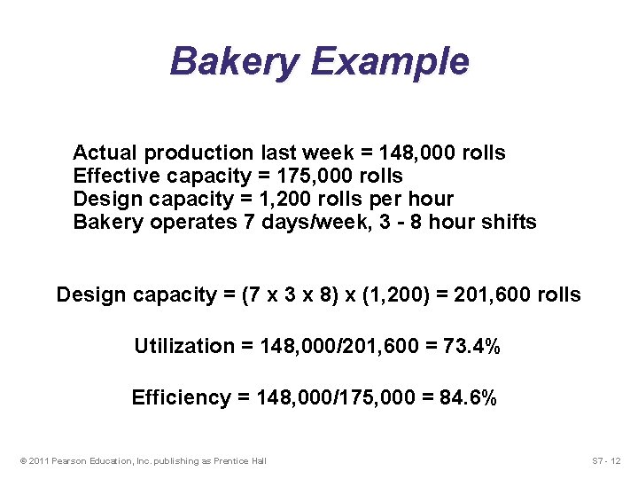 Bakery Example Actual production last week = 148, 000 rolls Effective capacity = 175, Bakery Example Actual production last week = 148, 000 rolls Effective capacity = 175,